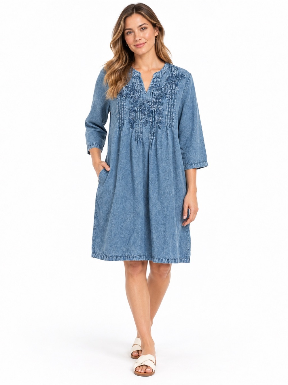 Coldwater Creek 14P Embroidered Chambray Denim Tunic Dress Boho Pockets.